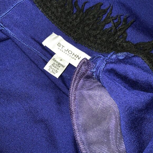 St John Collection P Cobalt Blue w Black Fringe Wool Blend Open Cardigan - Picture 5 of 6